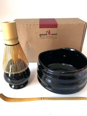 Good Wei Black Blue Ceramic Japan Matcha Tea Set  Bamboo Whisk and Scoop Holder